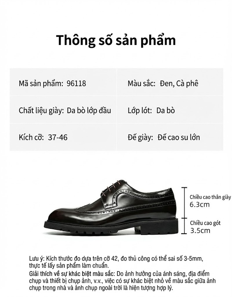 Giày Tây Buộc Dây Nam Da Bóng Brogue Chiều Cao Đế Khoảng 3cm Màu Đen, Nâu chi tiết 2
