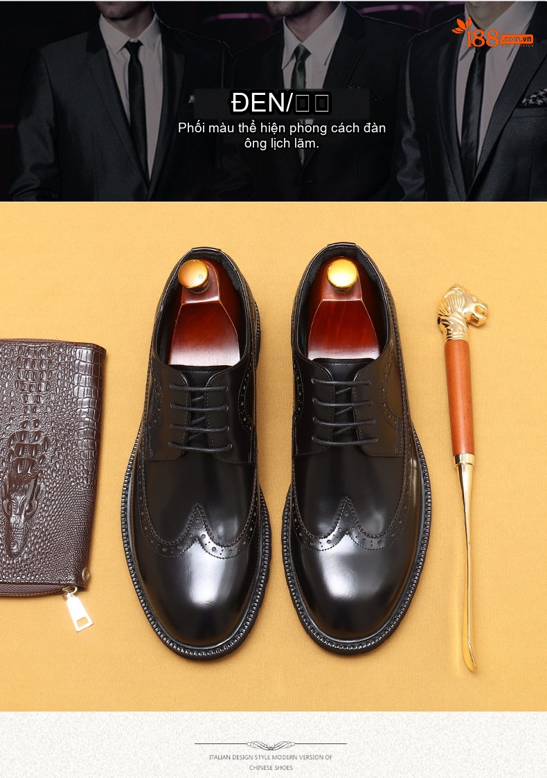 Giày Tây Buộc Dây Nam Da Bóng Brogue Chiều Cao Đế Khoảng 3cm Màu Đen, Nâu chi tiết 4