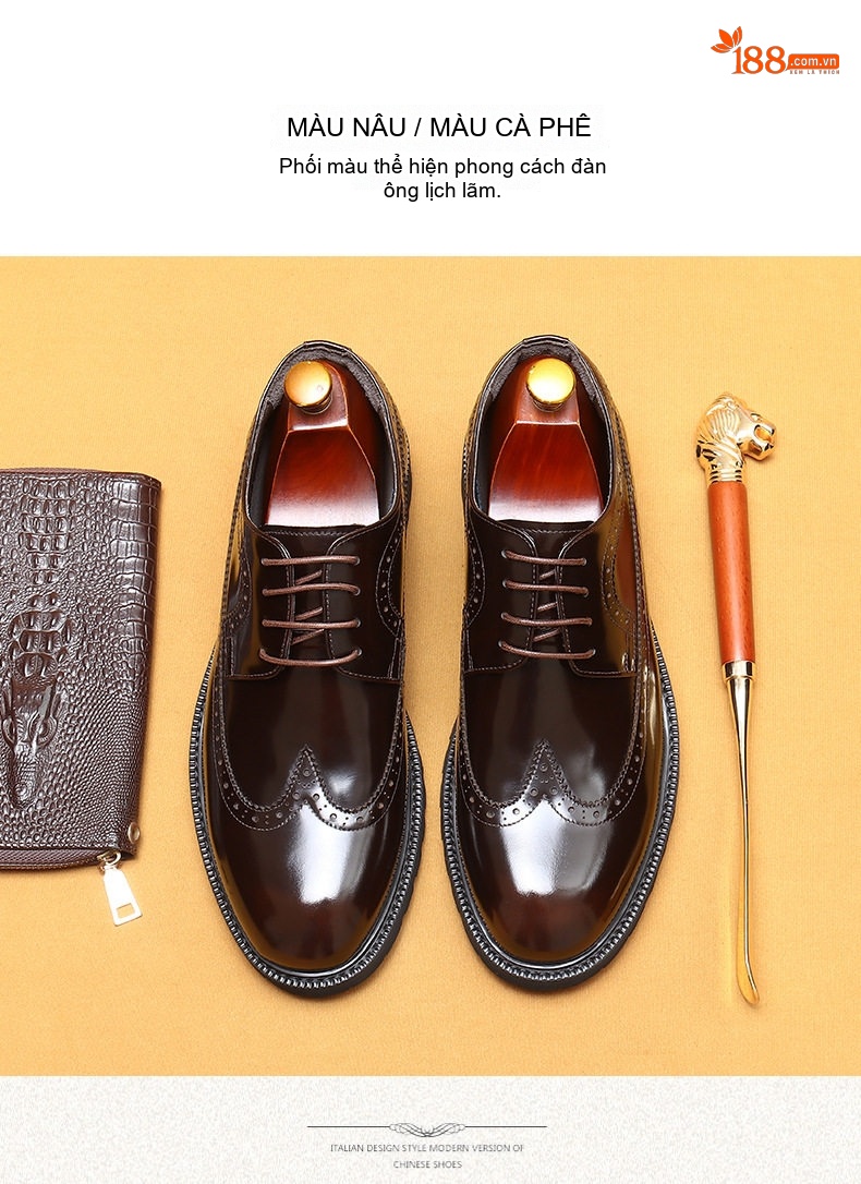 Giày Tây Buộc Dây Nam Da Bóng Brogue Chiều Cao Đế Khoảng 3cm Màu Đen, Nâu chi tiết 12
