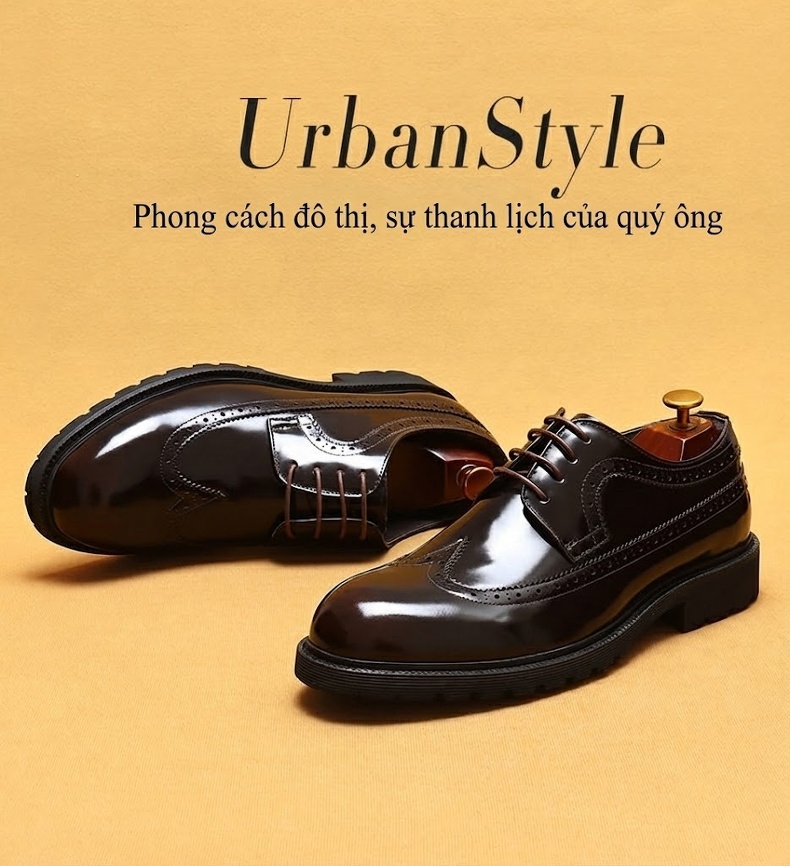 Giày Tây Buộc Dây Nam Da Bóng Brogue Chiều Cao Đế Khoảng 3cm Màu Đen, Nâu chi tiết 1