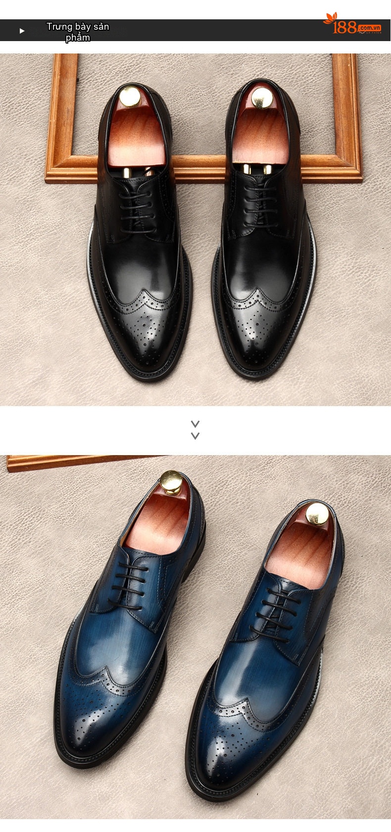 Giày Tây Buộc Dây Nam Da Bóng Brogue Chiều Cao Đế Khoảng 3cm Màu Đen, Nâu, Đỏ Rượu Vang chi tiết 2