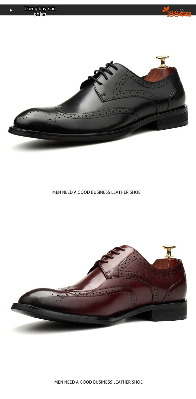 Giày Tây Buộc Dây Nam Da Bóng Brogue Chiều Cao Đế Khoảng 3cm Màu Đen, Nâu, Đỏ Rượu Vang chi tiết 4