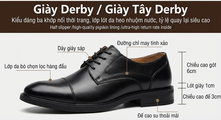 Giày Tây Buộc Dây Nam Da Bóng Brogue Chiều Cao Đế Khoảng 3cm Màu Đen, Xám chi tiết 2