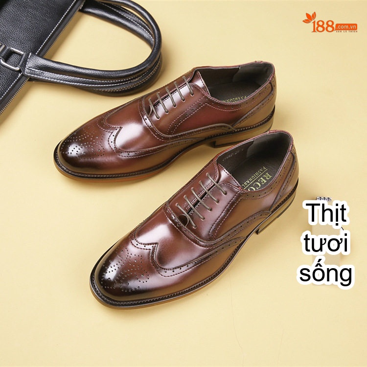 Giày Tây Buộc Dây Nam Da Bóng Brogue Chiều Cao Đế Khoảng 3cm Màu Nâu