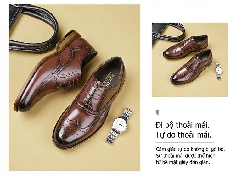 Giày Tây Buộc Dây Nam Da Bóng Brogue Chiều Cao Đế Khoảng 3cm Màu Nâu chi tiết 6