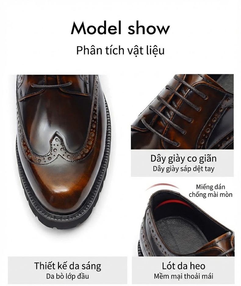Giày Tây Buộc Dây Nam Da Bóng Brogue Chiều Cao Đế Khoảng 4cm Màu Đen, Nâu chi tiết 3