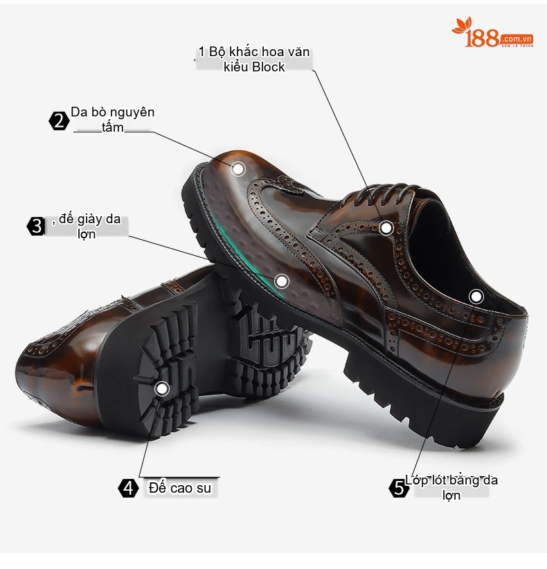 Giày Tây Buộc Dây Nam Da Bóng Brogue Chiều Cao Đế Khoảng 4cm Màu Đen, Nâu chi tiết 4