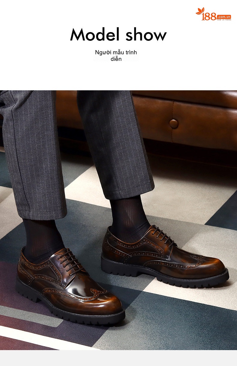 Giày Tây Buộc Dây Nam Da Bóng Brogue Chiều Cao Đế Khoảng 4cm Màu Đen, Nâu chi tiết 5