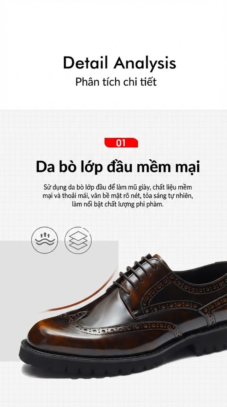 Giày Tây Buộc Dây Nam Da Bóng Brogue Chiều Cao Đế Khoảng 4cm Màu Đen, Nâu chi tiết 10