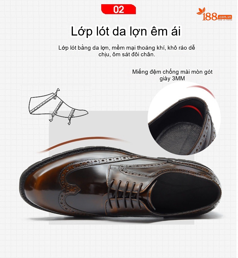 Giày Tây Buộc Dây Nam Da Bóng Brogue Chiều Cao Đế Khoảng 4cm Màu Đen, Nâu chi tiết 11