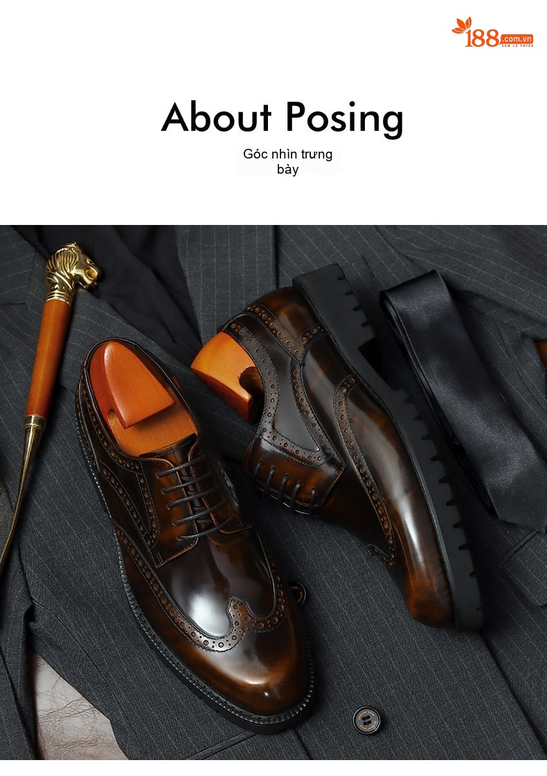 Giày Tây Buộc Dây Nam Da Bóng Brogue Chiều Cao Đế Khoảng 4cm Màu Đen, Nâu chi tiết 13