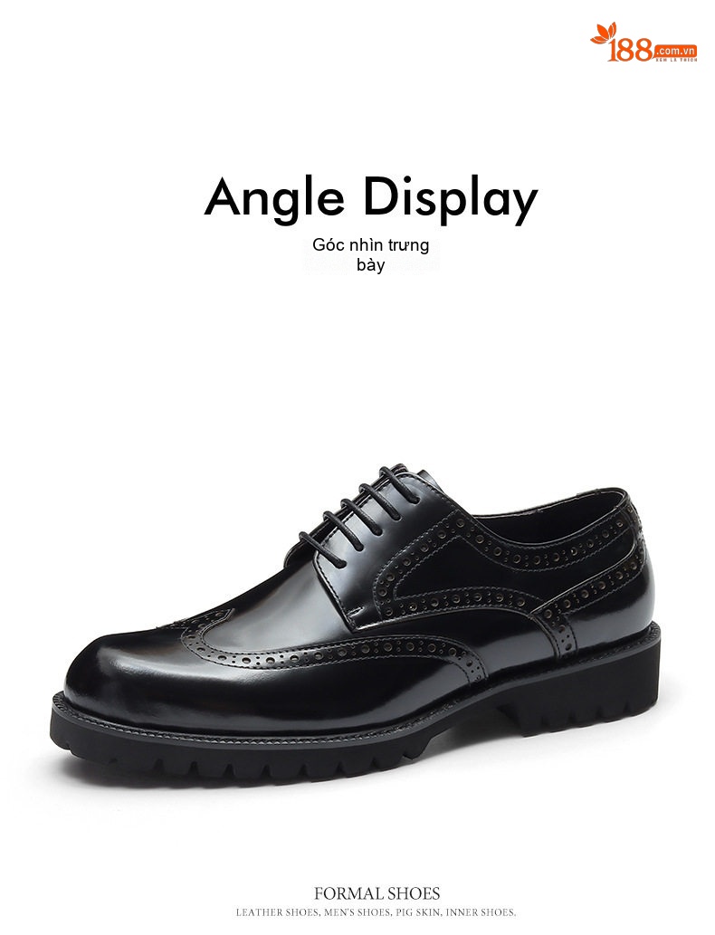 Giày Tây Buộc Dây Nam Da Bóng Brogue Chiều Cao Đế Khoảng 4cm Màu Đen, Nâu chi tiết 17