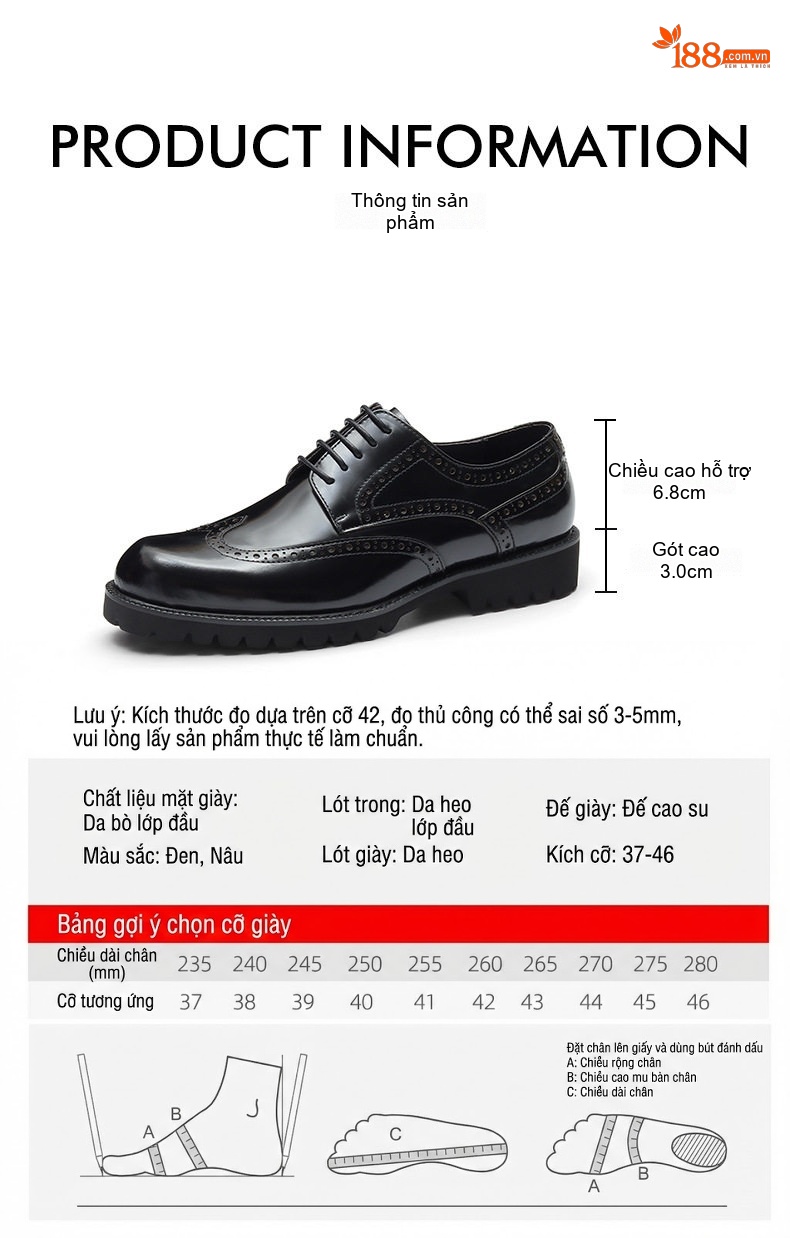 Giày Tây Buộc Dây Nam Da Bóng Brogue Chiều Cao Đế Khoảng 4cm Màu Đen, Nâu chi tiết 9
