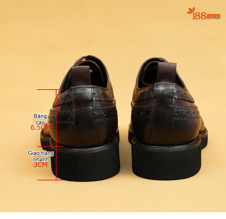 Giày Tây Buộc Dây Nam Da Bóng Brogue Chiều Cao Đế Khoảng 4cm Màu Đen, Nâu chi tiết 12