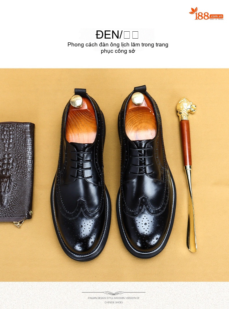 Giày Tây Buộc Dây Nam Da Bóng Brogue Chiều Cao Đế Khoảng 4cm Màu Đen, Nâu chi tiết 13