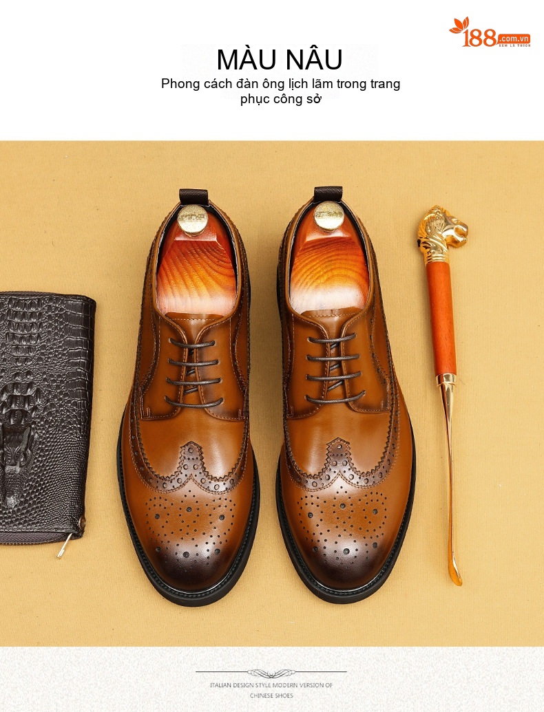 Giày Tây Buộc Dây Nam Da Bóng Brogue Chiều Cao Đế Khoảng 4cm Màu Đen, Nâu chi tiết 21