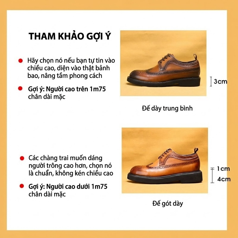 Giày Tây Buộc Dây Nam Da Bóng Brogue Chiều Cao Đế Khoảng 4cm Màu Đen, Nâu chi tiết 1