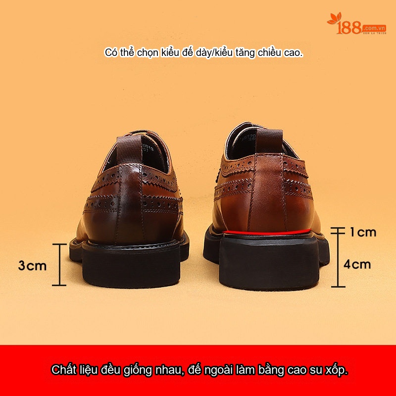 Giày Tây Buộc Dây Nam Da Bóng Brogue Chiều Cao Đế Khoảng 4cm Màu Đen, Nâu chi tiết 2
