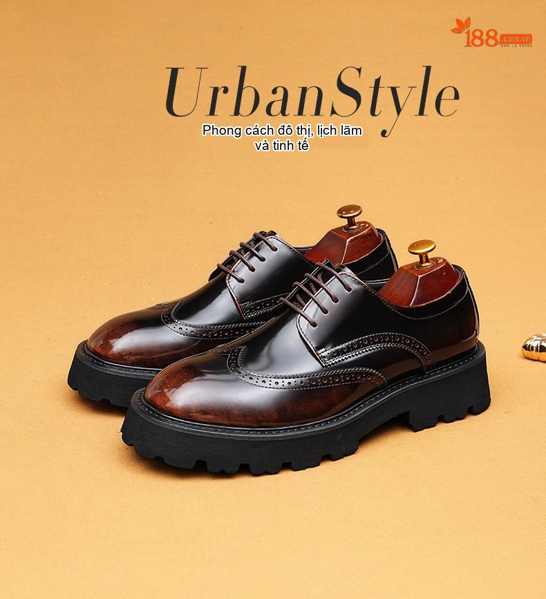Giày Tây Buộc Dây Nam Da Bóng Brogue Chiều Cao Đế Khoảng 4cm Màu Đen, Nâu chi tiết 1