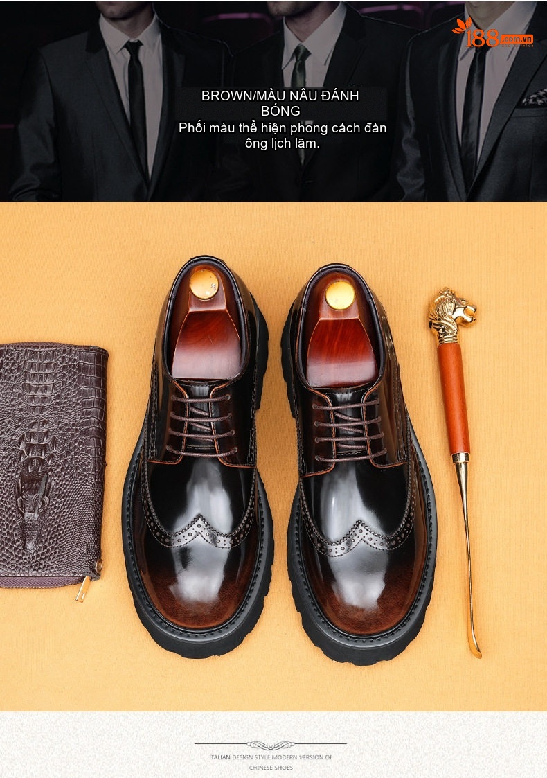 Giày Tây Buộc Dây Nam Da Bóng Brogue Chiều Cao Đế Khoảng 4cm Màu Đen, Nâu chi tiết 3