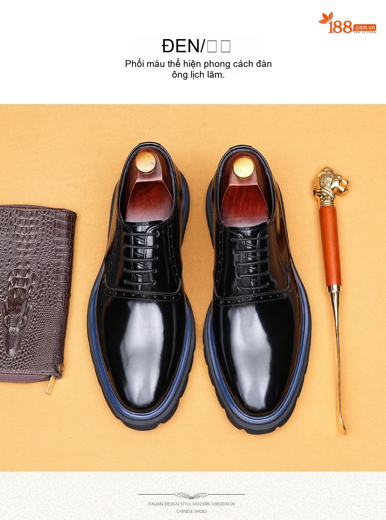 Giày Tây Buộc Dây Nam Da Bóng Brogue Chiều Cao Đế Khoảng 4cm Màu Đen, Nâu Đỏ chi tiết 10