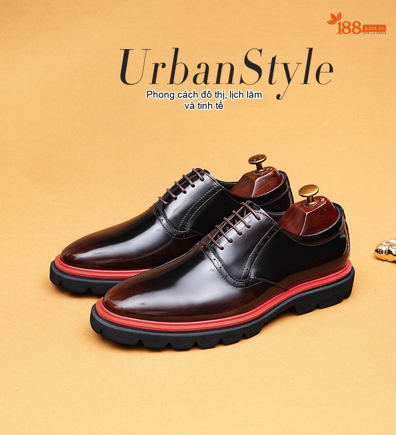 Giày Tây Buộc Dây Nam Da Bóng Brogue Chiều Cao Đế Khoảng 4cm Màu Đen, Nâu Đỏ chi tiết 1