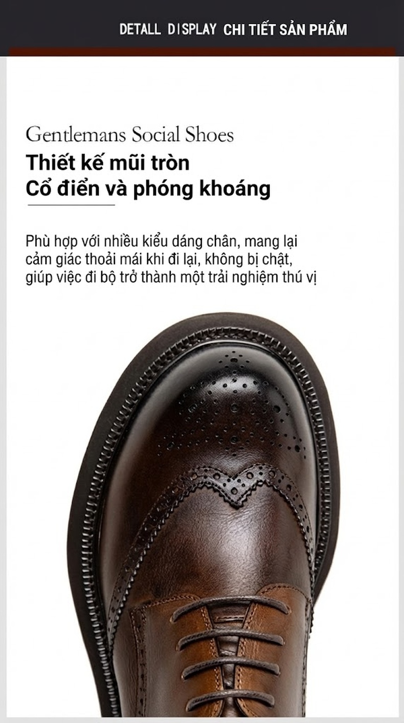 Giày Tây Buộc Dây Nam Da Bóng Brogue Chiều Cao Đế Khoảng 4cm Màu Đen, Nâu chi tiết 9