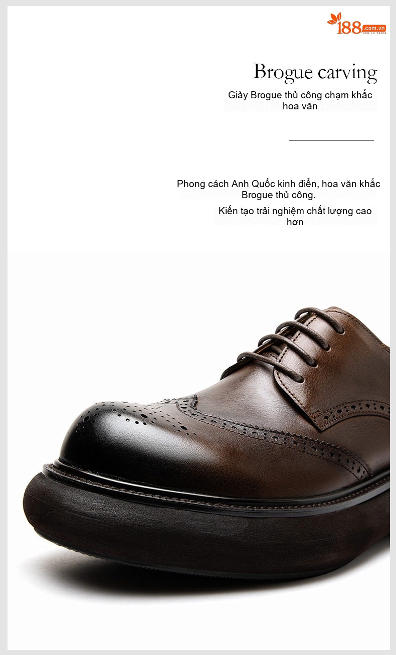 Giày Tây Buộc Dây Nam Da Bóng Brogue Chiều Cao Đế Khoảng 4cm Màu Đen, Nâu chi tiết 11
