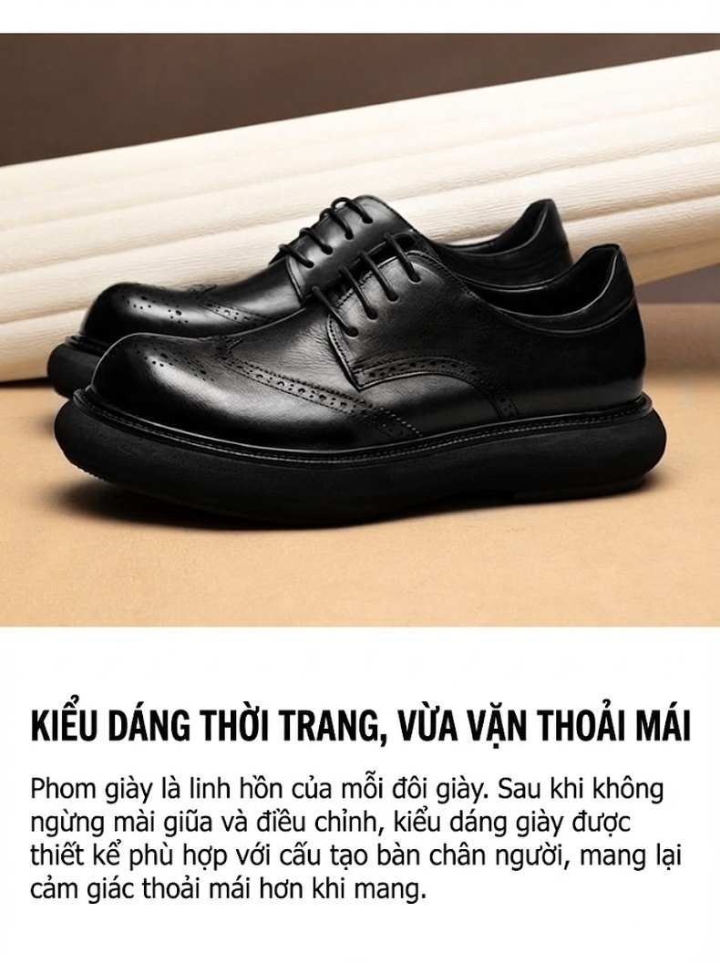 Giày Tây Buộc Dây Nam Da Bóng Brogue Chiều Cao Đế Khoảng 4cm Màu Đen, Nâu chi tiết 3