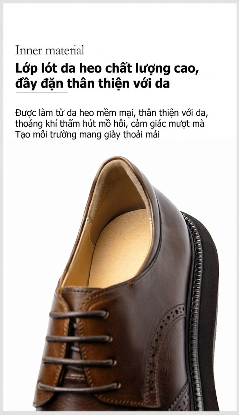 Giày Tây Buộc Dây Nam Da Bóng Brogue Chiều Cao Đế Khoảng 4cm Màu Đen, Nâu chi tiết 12