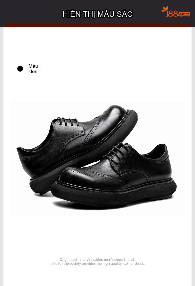 Giày Tây Buộc Dây Nam Da Bóng Brogue Chiều Cao Đế Khoảng 4cm Màu Đen, Nâu chi tiết 14