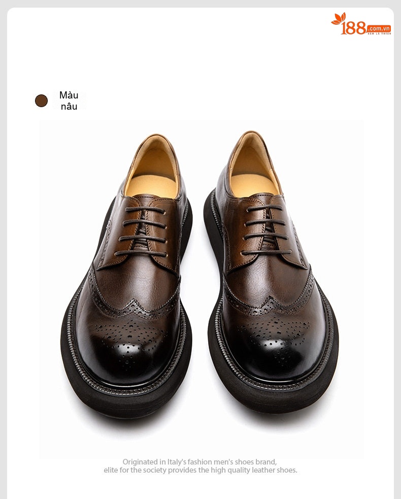 Giày Tây Buộc Dây Nam Da Bóng Brogue Chiều Cao Đế Khoảng 4cm Màu Đen, Nâu chi tiết 16
