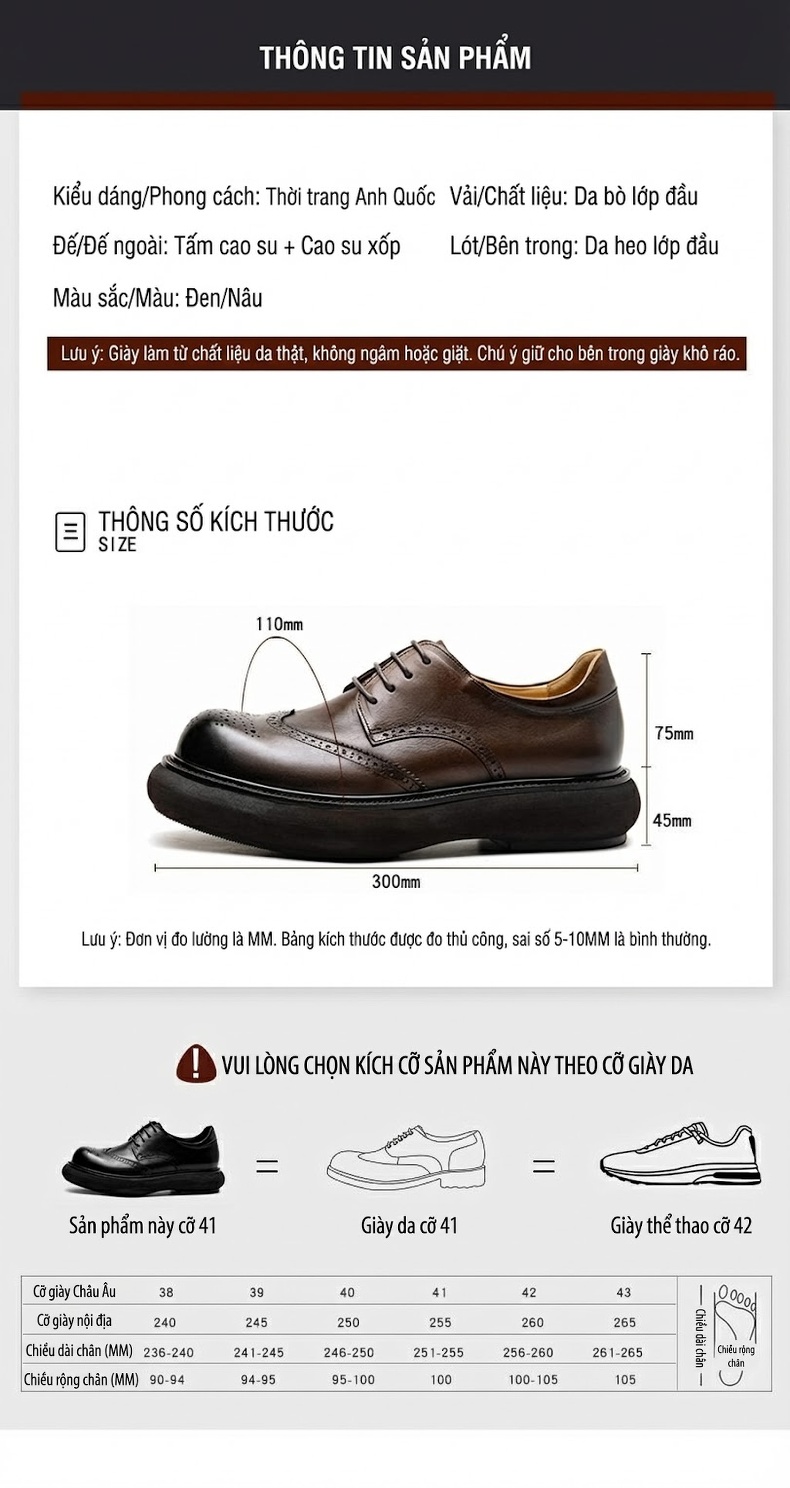 Giày Tây Buộc Dây Nam Da Bóng Brogue Chiều Cao Đế Khoảng 4cm Màu Đen, Nâu chi tiết 7