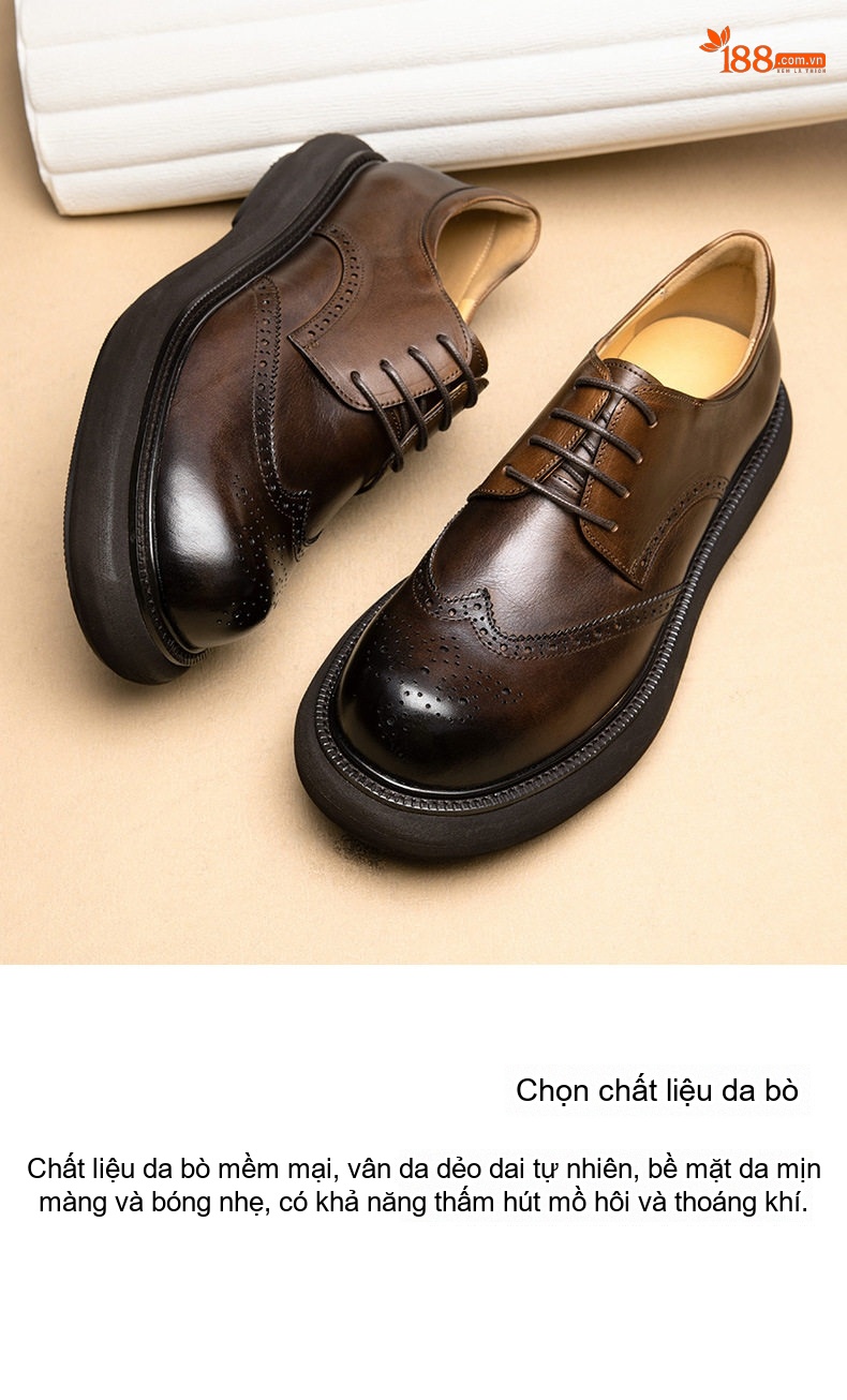 Giày Tây Buộc Dây Nam Da Bóng Brogue Chiều Cao Đế Khoảng 4cm Màu Đen, Nâu chi tiết 4