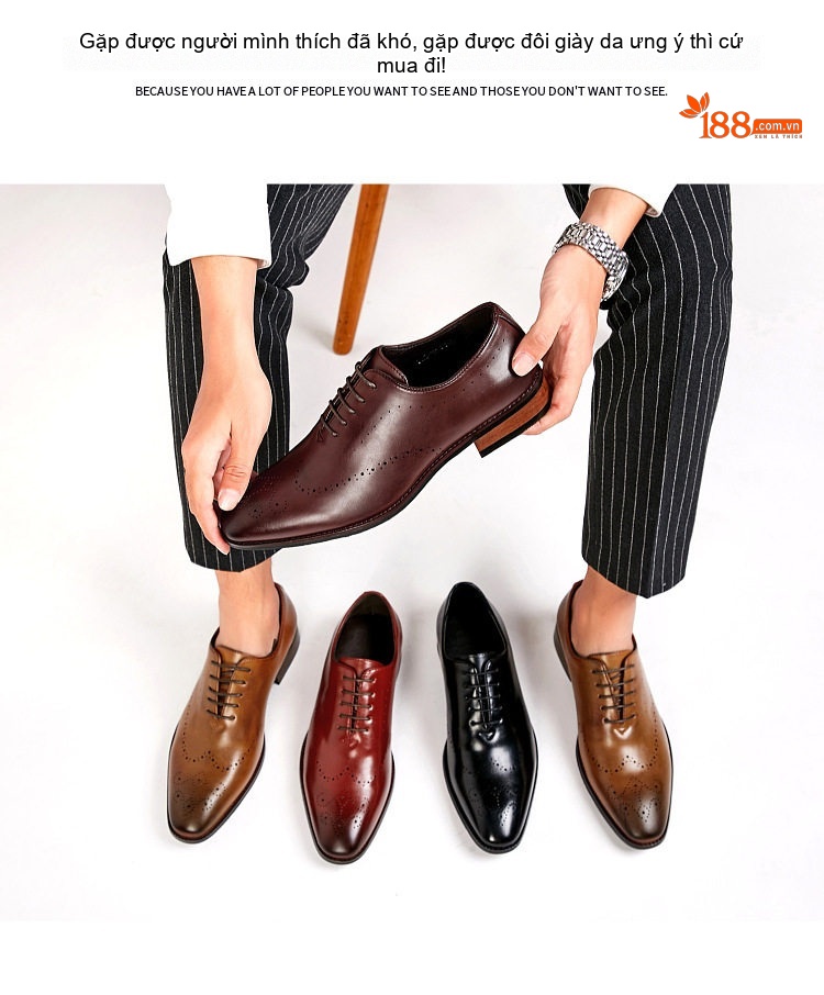 Giày Tây Buộc Dây Nam Da Bóng Brogue Oxford Chiều Cao Đế Khoảng 3cm Màu Đen, Nâu, Đỏ chi tiết 4