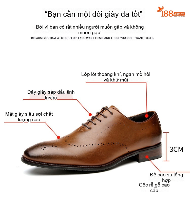 Giày Tây Buộc Dây Nam Da Bóng Brogue Oxford Chiều Cao Đế Khoảng 3cm Màu Đen, Nâu, Đỏ chi tiết 5