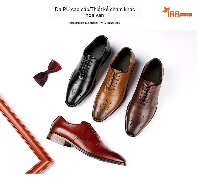 Giày Tây Buộc Dây Nam Da Bóng Brogue Oxford Chiều Cao Đế Khoảng 3cm Màu Đen, Nâu, Đỏ chi tiết 8