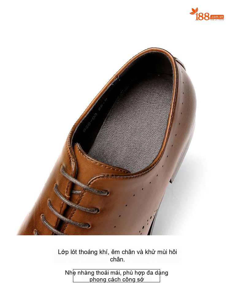 Giày Tây Buộc Dây Nam Da Bóng Brogue Oxford Chiều Cao Đế Khoảng 3cm Màu Đen, Nâu, Đỏ chi tiết 9