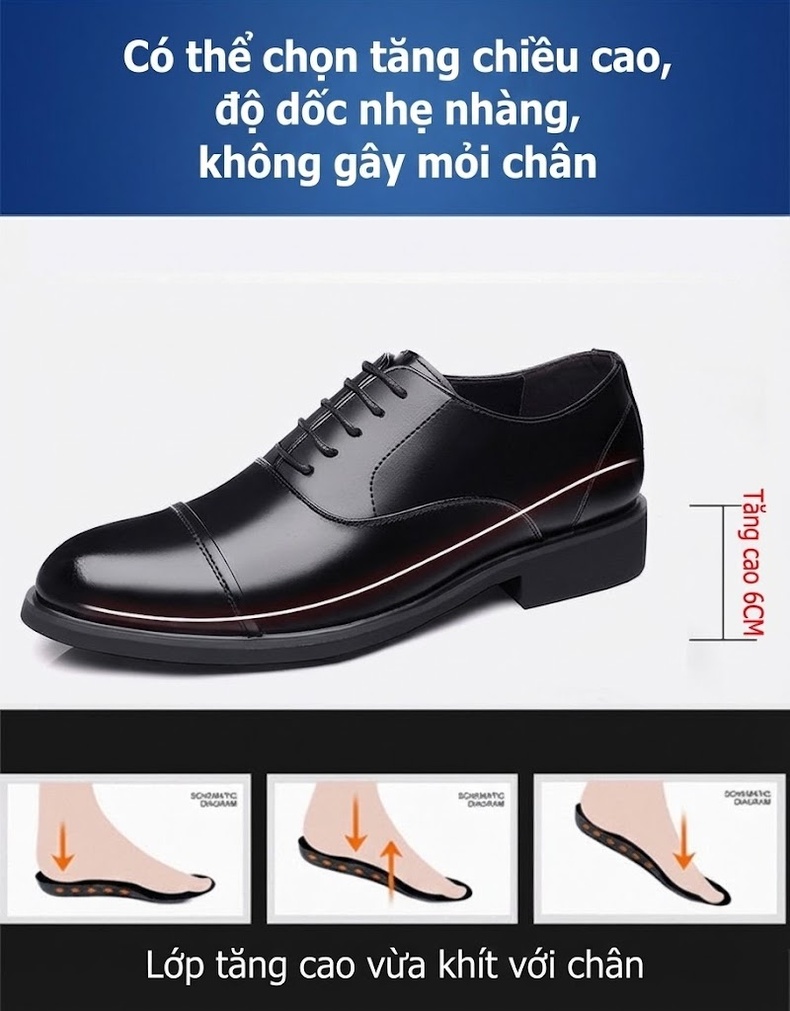 Giày Tây Buộc Dây Nam Da Bóng Chiều Cao Đế 6cm Màu Đen, Nâu chi tiết 6