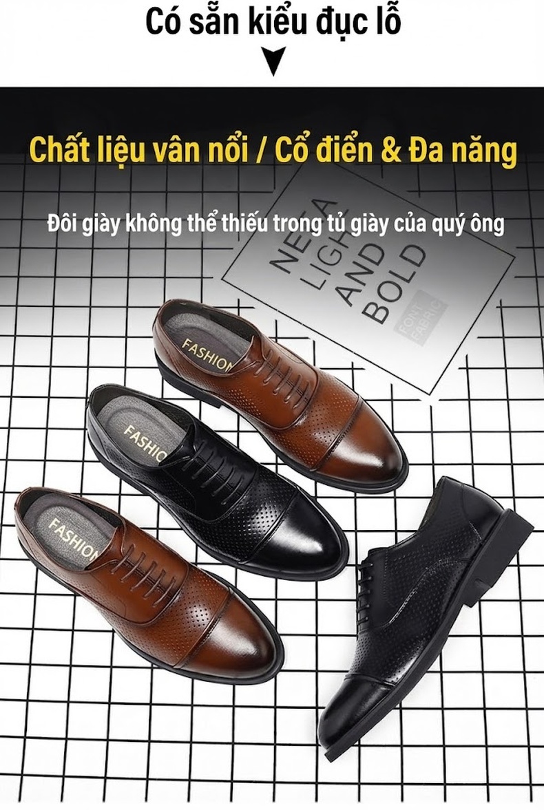 Giày Tây Buộc Dây Nam Da Bóng Chiều Cao Đế 6cm Màu Đen, Nâu chi tiết 9
