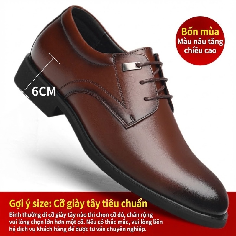 Giày Tây Buộc Dây Nam Da Bóng Chiều Cao Đế 6cm Màu Đen, Nâu
