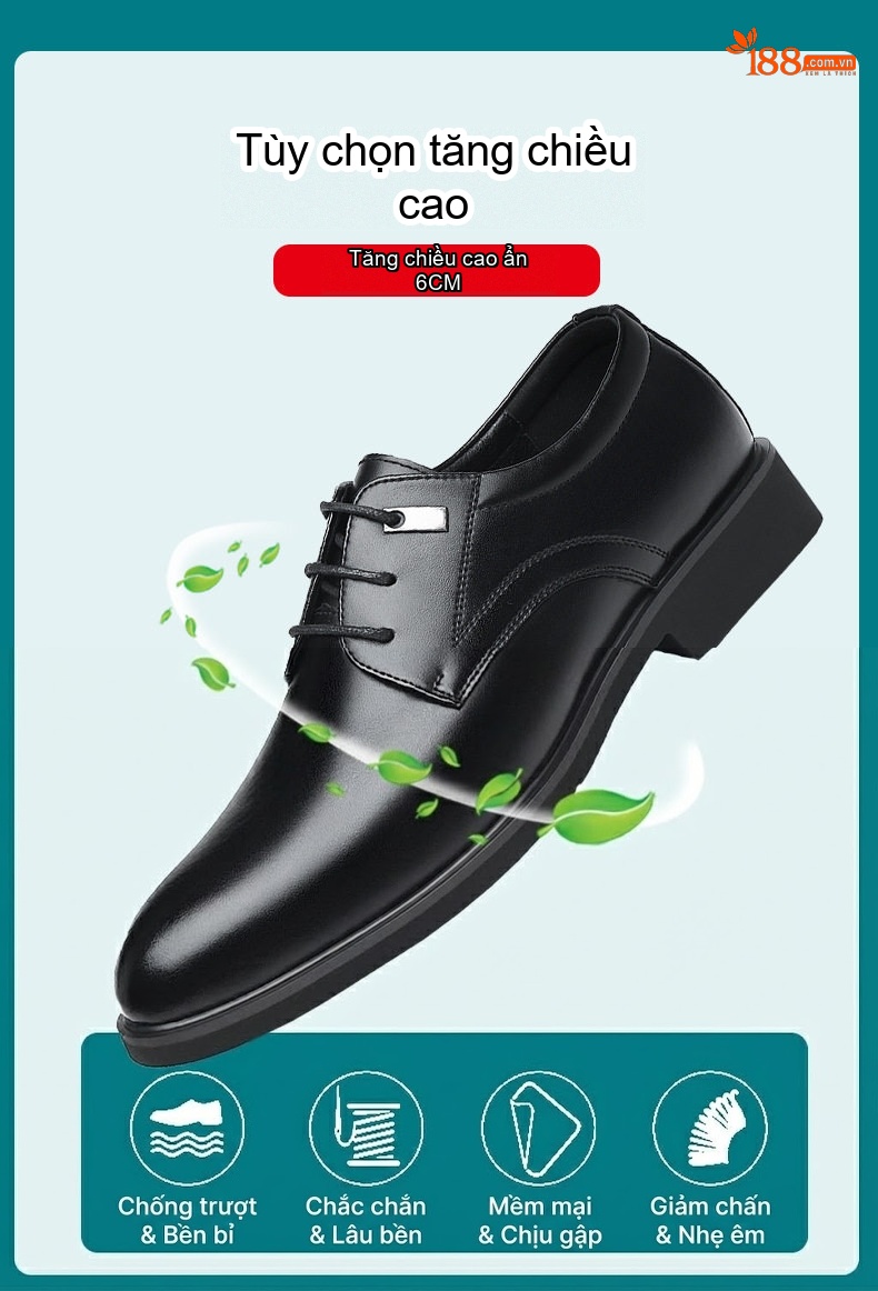 Giày Tây Buộc Dây Nam Da Bóng Chiều Cao Đế 6cm Màu Đen, Nâu chi tiết 5