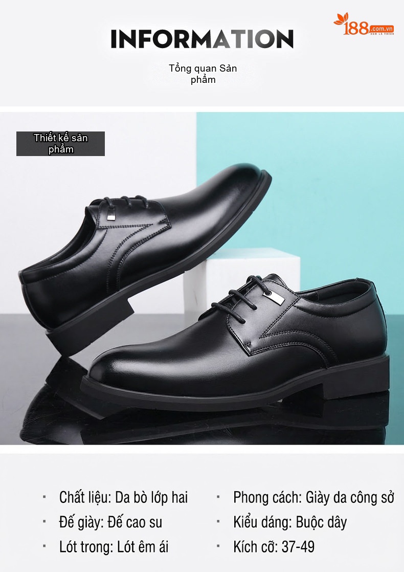 Giày Tây Buộc Dây Nam Da Bóng Chiều Cao Đế 6cm Màu Đen, Nâu chi tiết 7