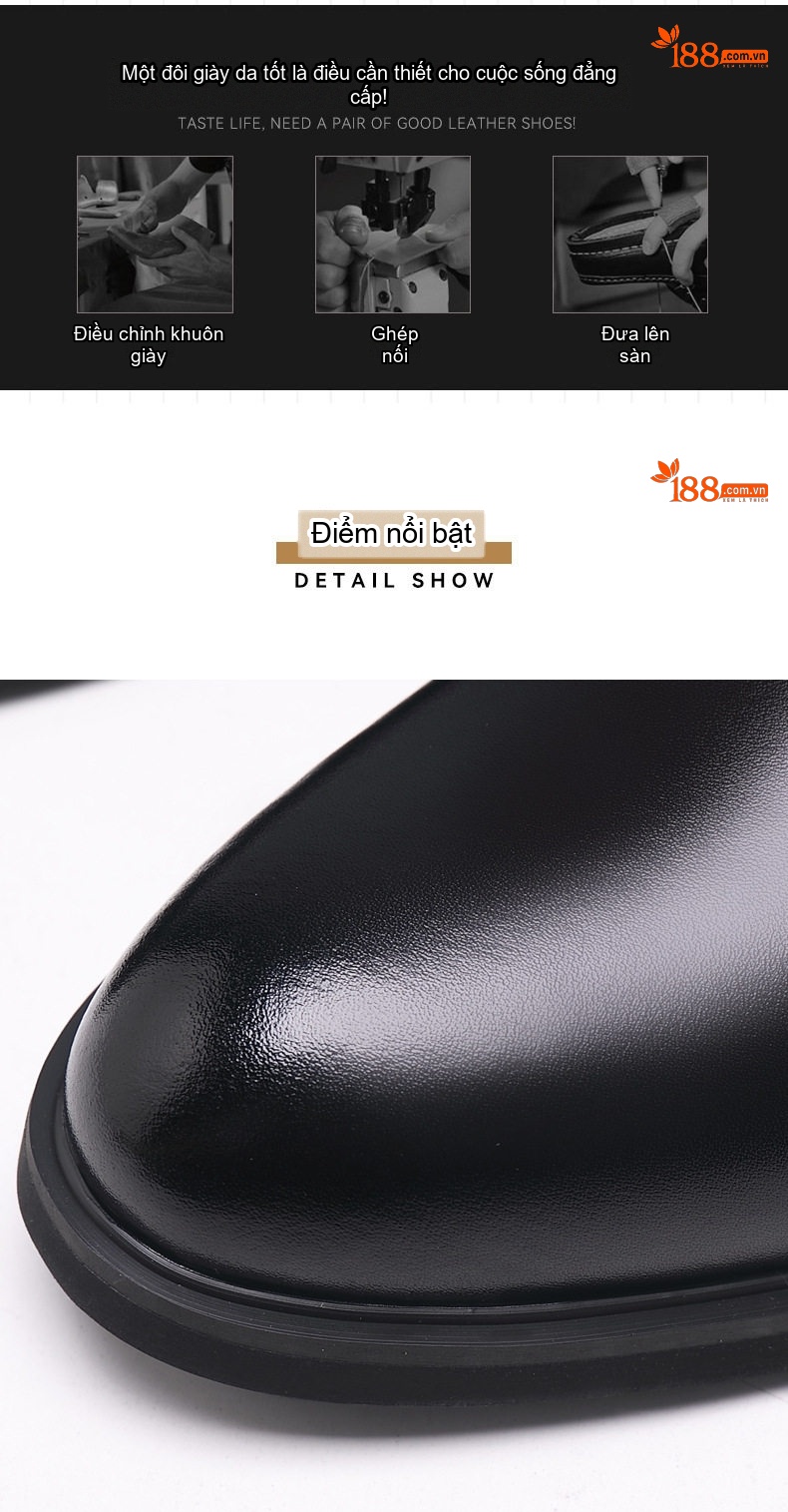 Giày Tây Buộc Dây Nam Da Bóng Chiều Cao Đế 6cm Màu Đen, Nâu chi tiết 16