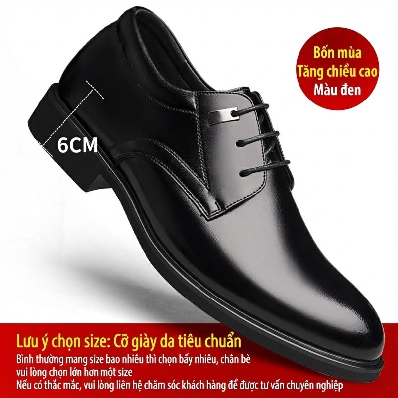 Giày Tây Buộc Dây Nam Da Bóng Chiều Cao Đế 6cm Màu Đen, Nâu