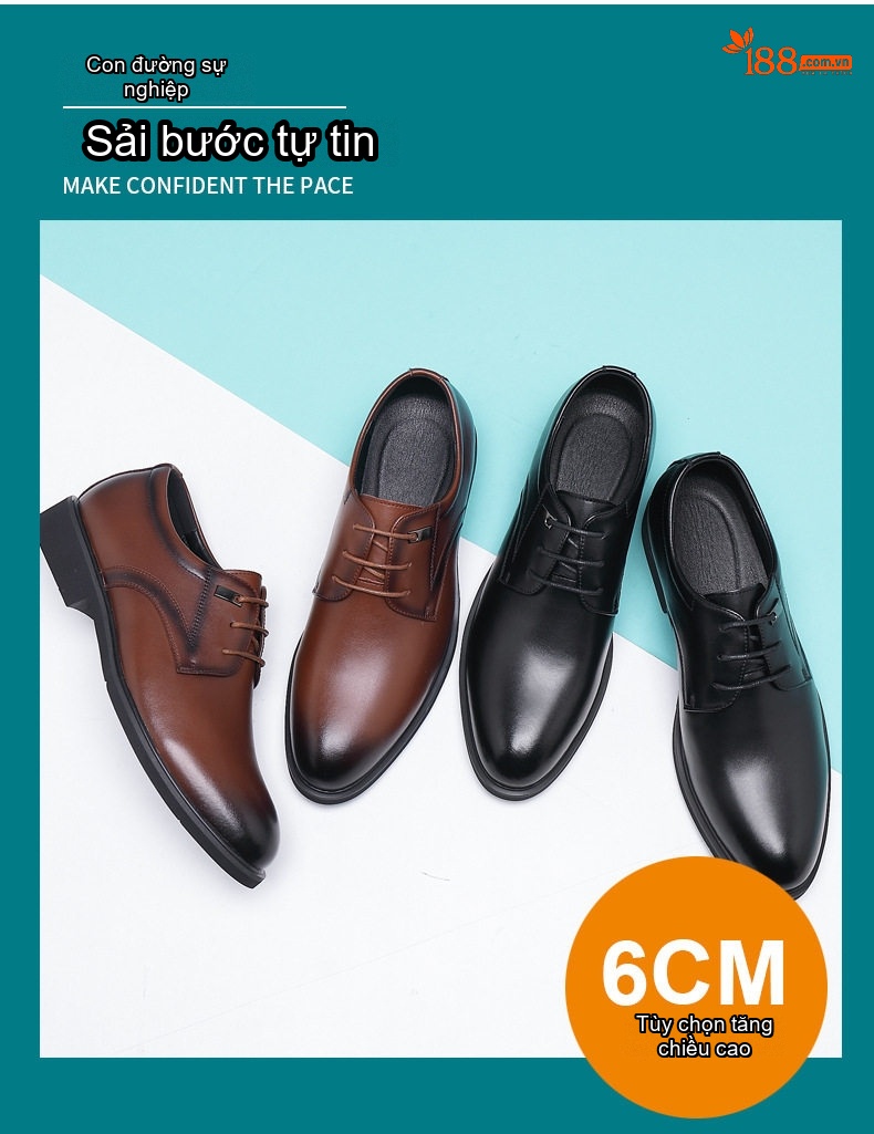 Giày Tây Buộc Dây Nam Da Bóng Chiều Cao Đế 6cm Màu Đen, Nâu chi tiết 4
