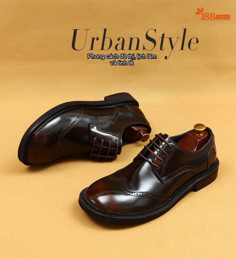 Giày Tây Buộc Dây Nam Da Bóng Chiều Cao Đế Khoảng 3cm Kiểu dáng Brogue Màu Đen, Nâu chi tiết 1