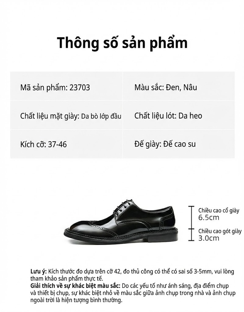 Giày Tây Buộc Dây Nam Da Bóng Chiều Cao Đế Khoảng 3cm Kiểu dáng Brogue Màu Đen, Nâu chi tiết 2