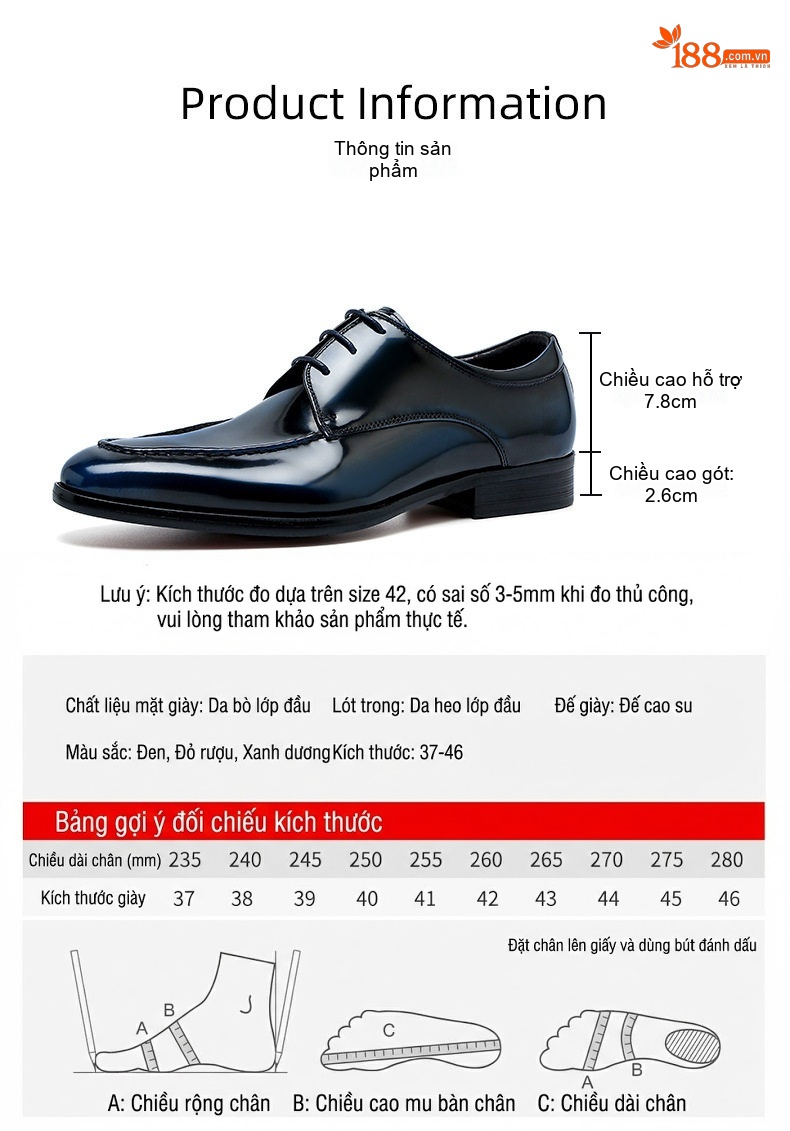 Giày Tây Buộc Dây Nam Da Bóng Chiều Cao Đế Khoảng 3cm Màu Đen chi tiết 4