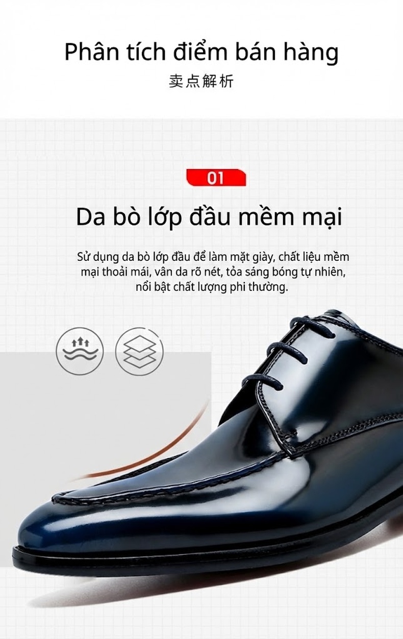 Giày Tây Buộc Dây Nam Da Bóng Chiều Cao Đế Khoảng 3cm Màu Đen chi tiết 10